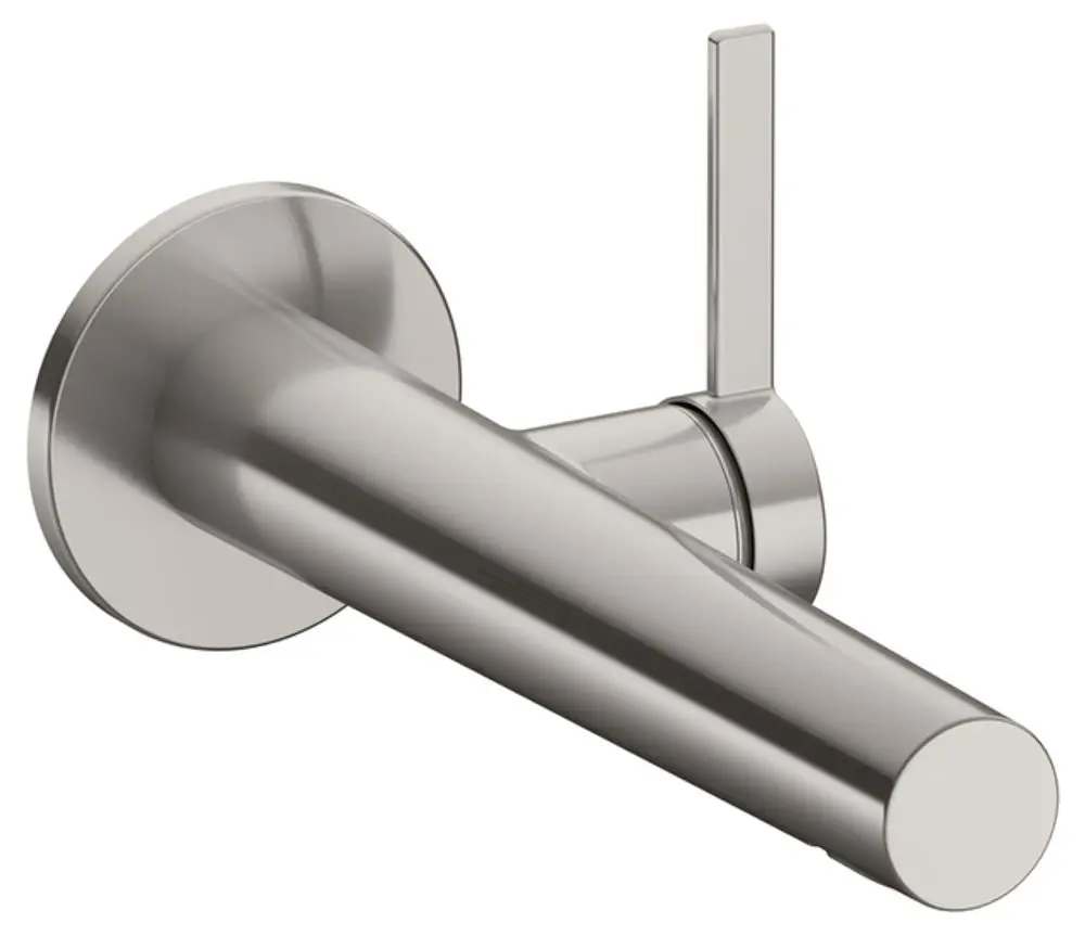 Wandmontierter Mischer mit rundem Auslauf und Hebel aus Edelstahl, gestaltet von Keuco. Minimalistisches Design für moderne Badezimmeranwendungen.